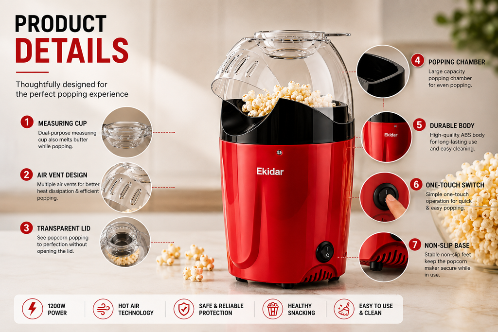 Electric Hot Air Popcorn Maker – 1200W Oil-Free Popcorn Machine