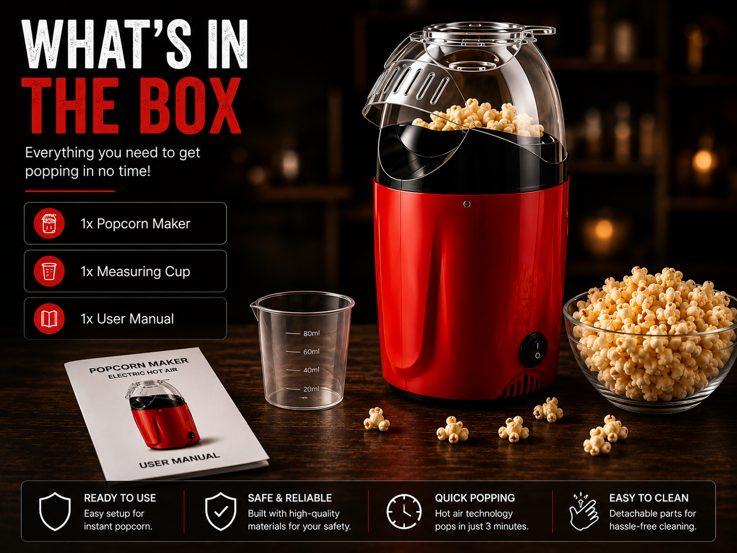 Electric Hot Air Popcorn Maker – 1200W Oil-Free Popcorn Machine