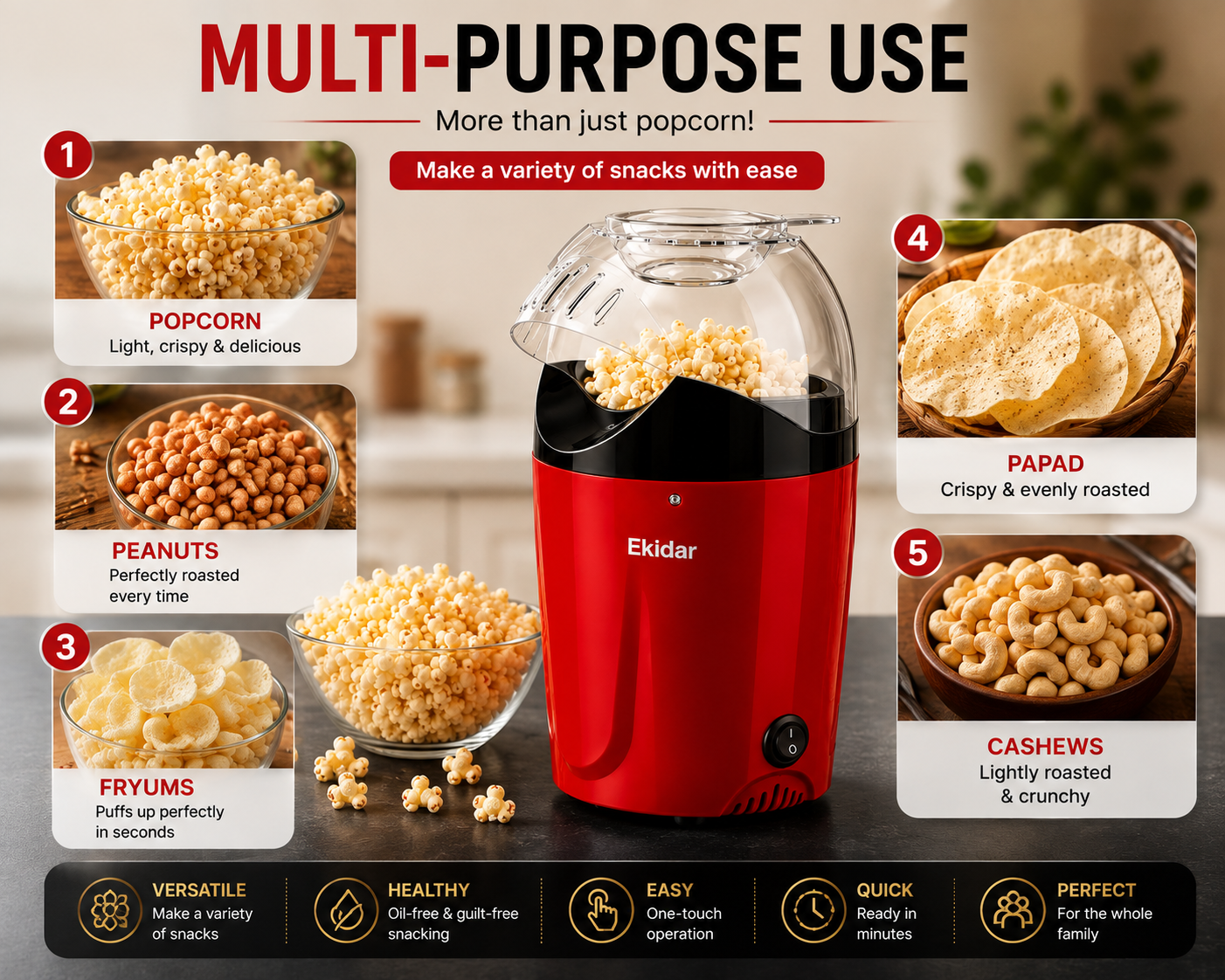 Electric Hot Air Popcorn Maker – 1200W Oil-Free Popcorn Machine