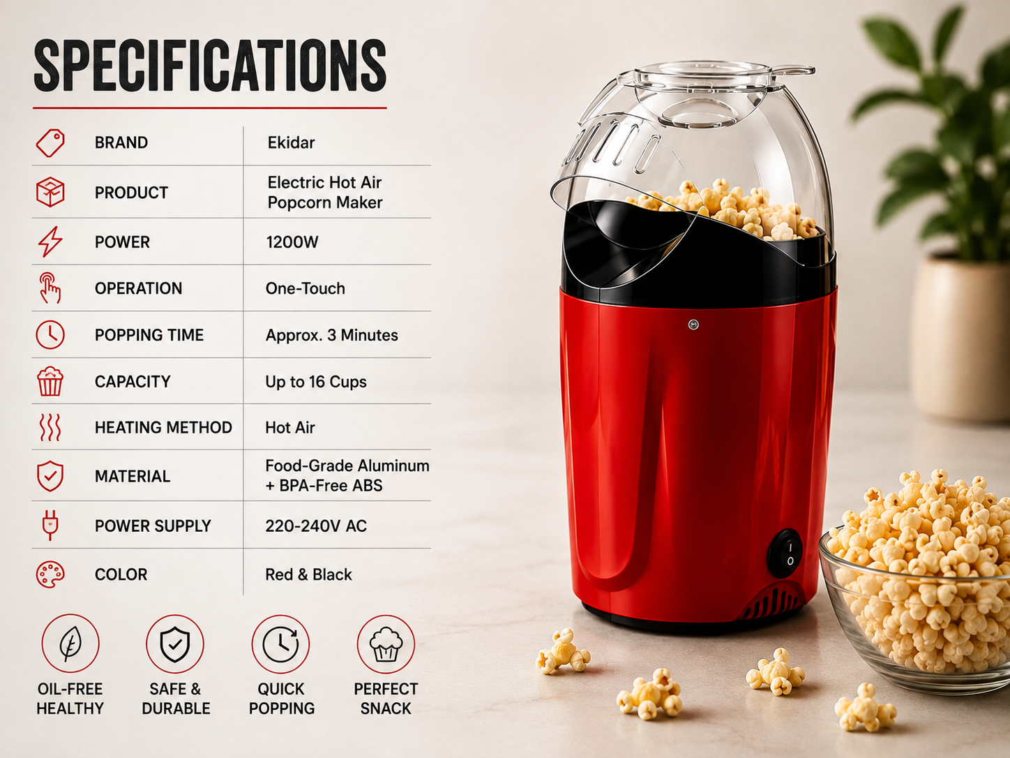 Electric Hot Air Popcorn Maker – 1200W Oil-Free Popcorn Machine